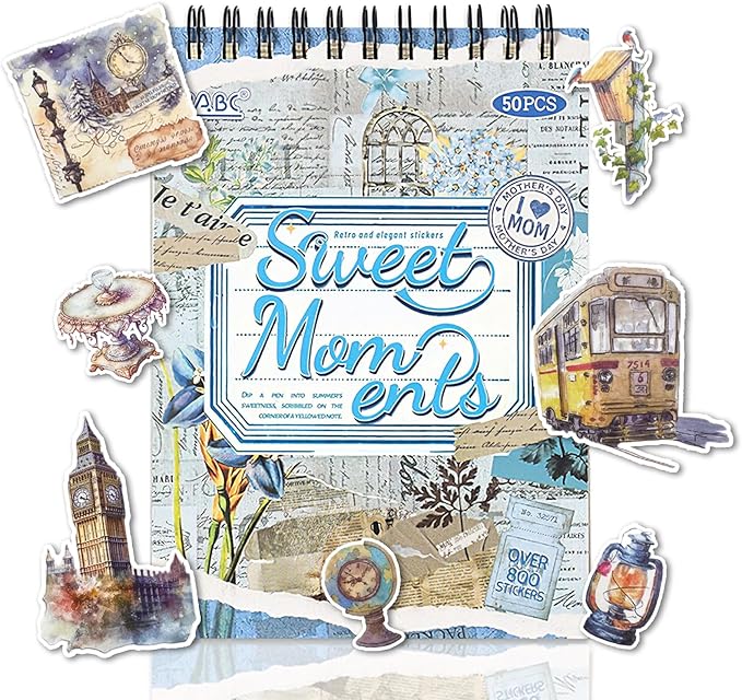 WCCH Vintage Scrapbook Sticker Supplies, 25 Sheets PET and 25 Sheets Washi Stickers, Over 800 Self-Adhesive Pre-Cut Stickers for Junk Journal, Bujo, Collage, Adult Crafts Arts, Letters DIY