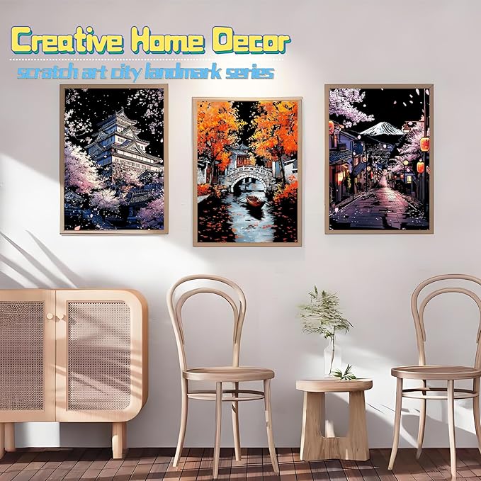 Scratch Art for Adults-Laser Scratch Painting Craft Kit (8 Sheets 16x11 in)|Foil Engraving Art Set|Stress Relief Gift for Travel Lovers,Craft Lovers|Creative Scratch Art Home Decor(Asian Series)