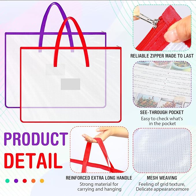 5 Pcs Colorful Art Portfolio Bags 19 x 25 Inch Transparent Artwork Storage Case with Handle and Zipper Mesh Folder Organizers for Bulletin Boards Paintings Scrapbooks Posters, 5 Colors