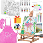 Falling in Art Tabletop Easel Set, Portable Wooden Art Easel Painting Kits for Kids, Easel for Painting Canvases, Including 12 Colors Acrylic Paints, 10 Paintbrushes and 4 Canvas Panels, Pink