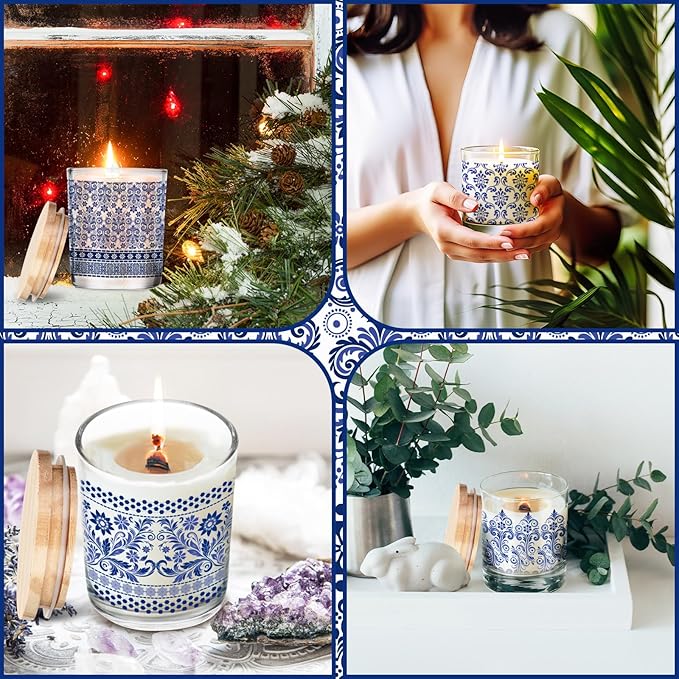 Ziliny 10 Pcs Christmas Blue and White Porcelain Glass Candle Jars Empty Containers Bulk 7 oz Ceramics Glass Jars with Cork Lids Tins for Candle Making Storing Biscuits Tea Party Favors