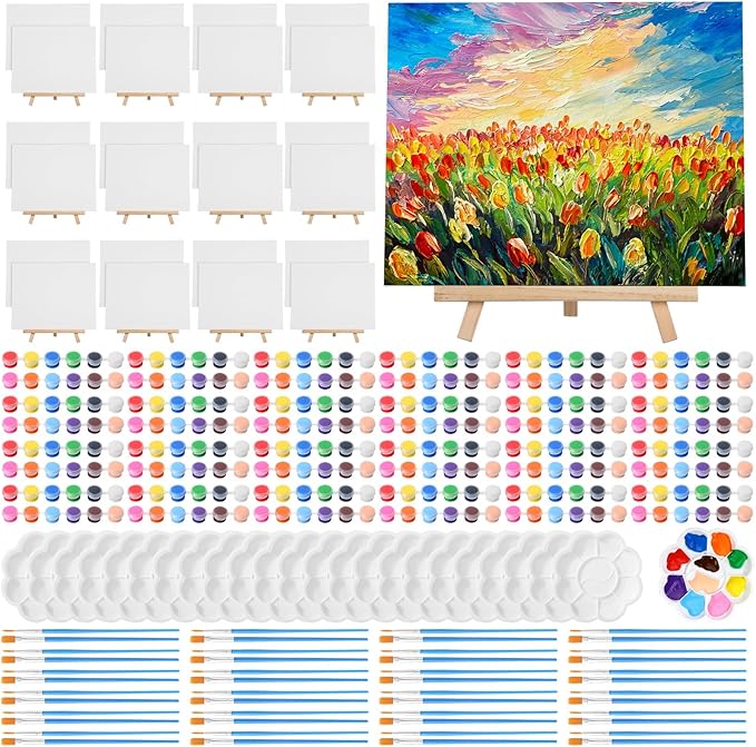 Qilery 24 Set 8 x 10 Inch Canvas Boards and Easel for Painting, Acrylic Paint Strips, Palettes, Brushes, Canvases Painting Kits for Kids Adults Artists Beginners Oil Acrylic Painting Party Favors