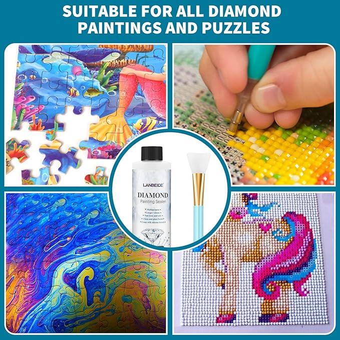 LANBEIDE Updated Diamond Painting Sealer 200ML with Silicone Brush 2 Packs, 5D Diamond Painting Glue Sealer for Diamond Art Coaster Permanent Hold & Shine Effect Conserver for Jigsaw Puzzles (14 OZ)