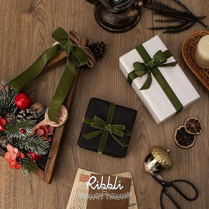 Ribbli Polyester Moss Green Velvet Ribbon,5/8 Inches Continuous10-Yard Spool,Christmas Ribbon for Gift Wrapping,Floral Bouquets, Home Decor