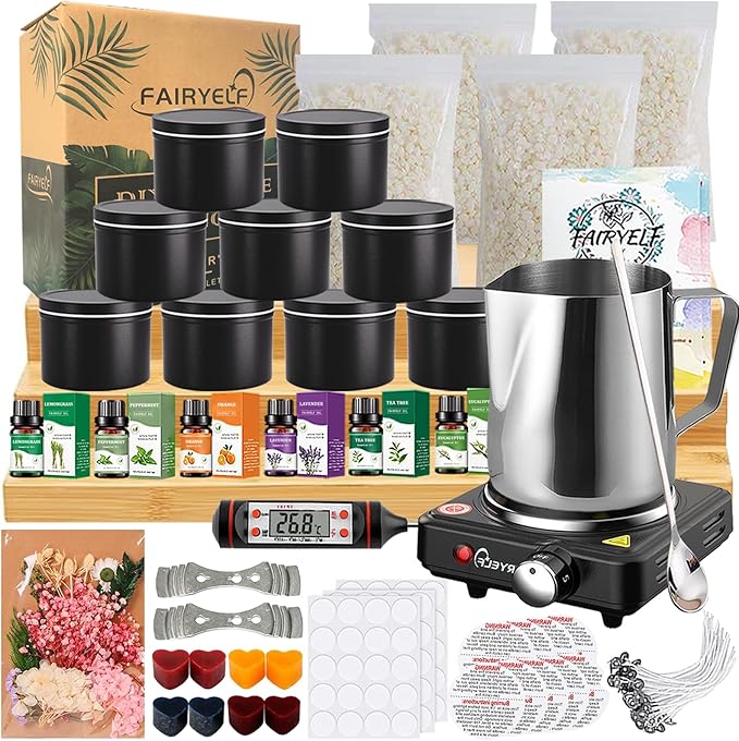 FAIRYELF Candle Making Kit with Wax Melter, Complete Candle Making Supplies, Soy Candle Wax Kit for Kids, Beginners, Adults, Including Electronic Stove, Soy Wax, Melting Pot, Rich Scents and Dyes