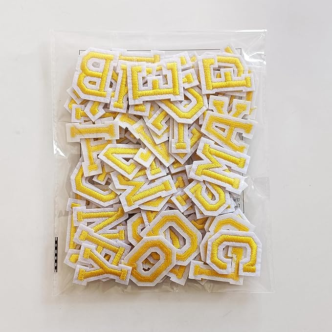1.3 inch Iron on Letter Patches 78 Pieces, A-Z Embroidered Alphabet Patches for Clothing Jackets Hats Backpacks Jeans Yellow