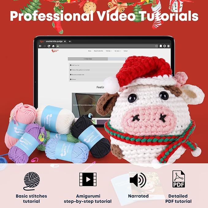 CrochetBox Crochet Kit for Beginners Adults - Christmas Cow Starters Crochet Kit, Beginners Crocheting Kitting for Adults Teen, Craft Gifts with Crochets Yarns, Hook, Step-by-Step Video, Instruction