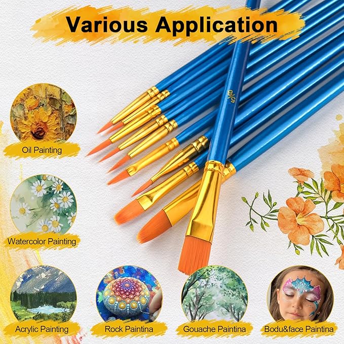 Acrylic Paint Brushes Set, 50Pcs Round Pointed Tip Artist Paintbrushes for Acrylic Painting Oil Watercolor Canvas Boards Rock Body Face Nail Art, Halloween Pumpkin Ceramic Crafts Supplies，Blue
