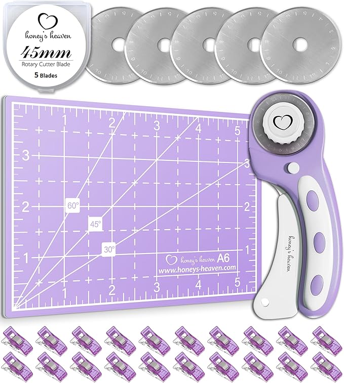 Honey's Heaven Rotary Cutter Set - Quilting Kit incl. 45mm Fabric Cutter, 5 Replacement Blades, A6 Cutting Mat and Craft Clips - Ideal for Crafting, Sewing, Patchworking, Crochet & Knitting