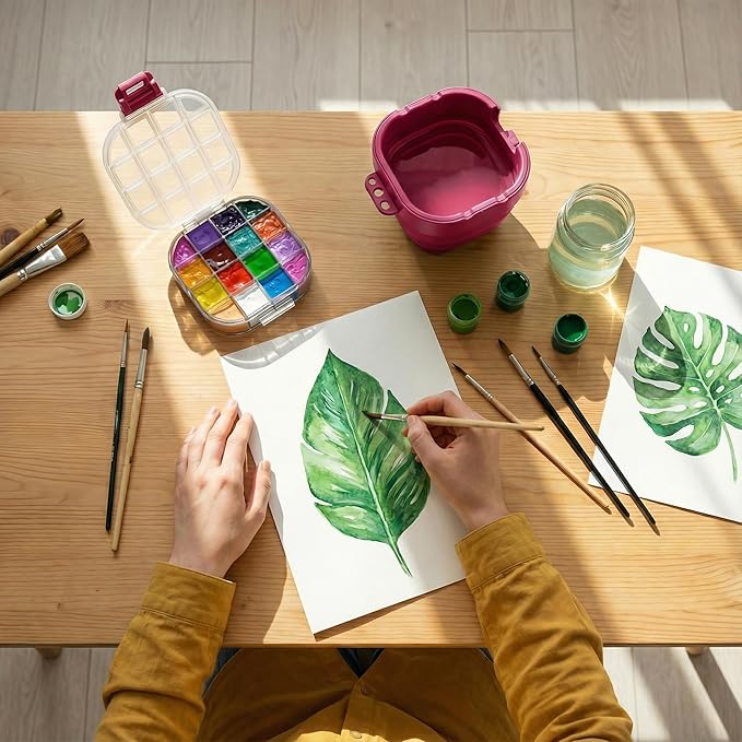 Mini Paint Storage Box 5.1 x 4.2 inches, 16-Well with Airtight Seal for Prevent Leakage Spills, Include Convenient Lid and Palette Storing Gouache, Acrylic, Watercolor Oil Paint (Pink)