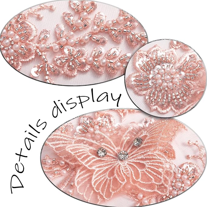 Flower Pearl Fabric Rhinestones Beaded Lace Applique,3D Butterfly Embroidered Lace Patch for Clothes,Dress (Orange)