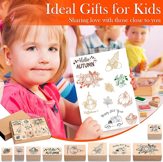 Woanger 15 Pcs Fall Wooden Rubber Stamps and Craft Ink Pads Wooden Rubber Stamp for Scrapbooking and DIY Craft Card Stamps Pads Paper Wood Fabric Fall Holiday