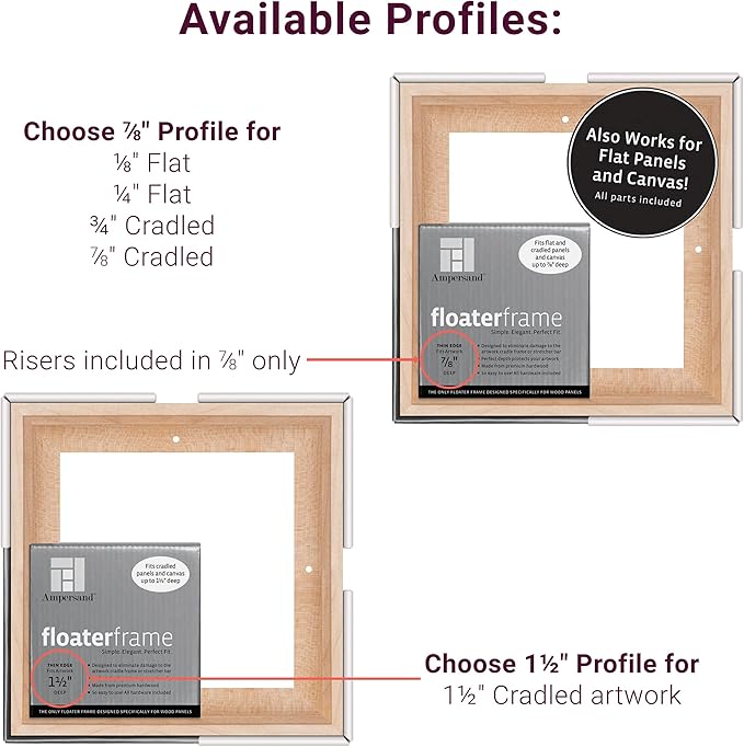 Ampersand Art Supply Floaterframe Readymade Frame for Flat and 7/8" Deep Wood Panel and Canvas Artwork, Paintings, Prints, and More, 12"x16", Maple Thin