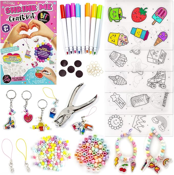 GirlZone Shrink Craft Kit for Kids, DIY Keychain & Magnet Making Set with Pre-Designed Shrink Plastic Sheets & Chalk Pens, Screen-Free Art Activity, Creative Gift for Birthdays, Christmas & Holidays