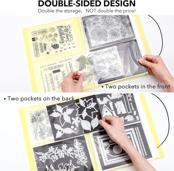 10 Pcs 0.3mm Magnet Sheets and 80 pockets/20 pages Storage Album for Stamp and Cutting Dies Storage Book Organizer Folder for Storage Die Cutting, DIY Scrapbooking Card Making Supplies (Yellow)