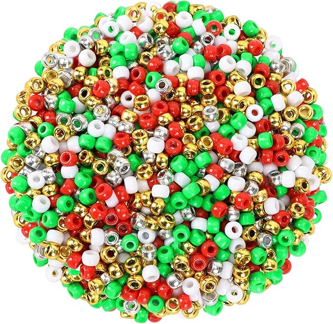 UPINS Christmas Pony Beads, 1200Pcs Red White Green Gold Silver Plastic Beads Christmas Necklace Hair Beads Crafts DIY
