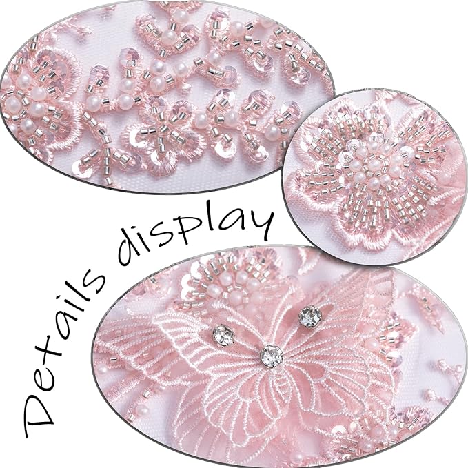 Flower Pearl Fabric Rhinestones Beaded Lace Applique,3D Butterfly Embroidered Lace Patch for Clothes,Dress (Pink)