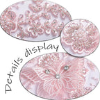 Flower Pearl Fabric Rhinestones Beaded Lace Applique,3D Butterfly Embroidered Lace Patch for Clothes,Dress (Pink)