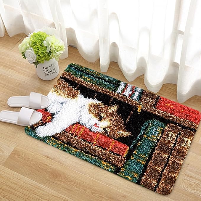 kingsea Latch Hook Kit for Adults, DIY Crochet Yarn Rug with Pattern Printed Latch Hook Rug Kit for Teen, Latch Hook Kit for Beginners, Cat, 20" x 15"