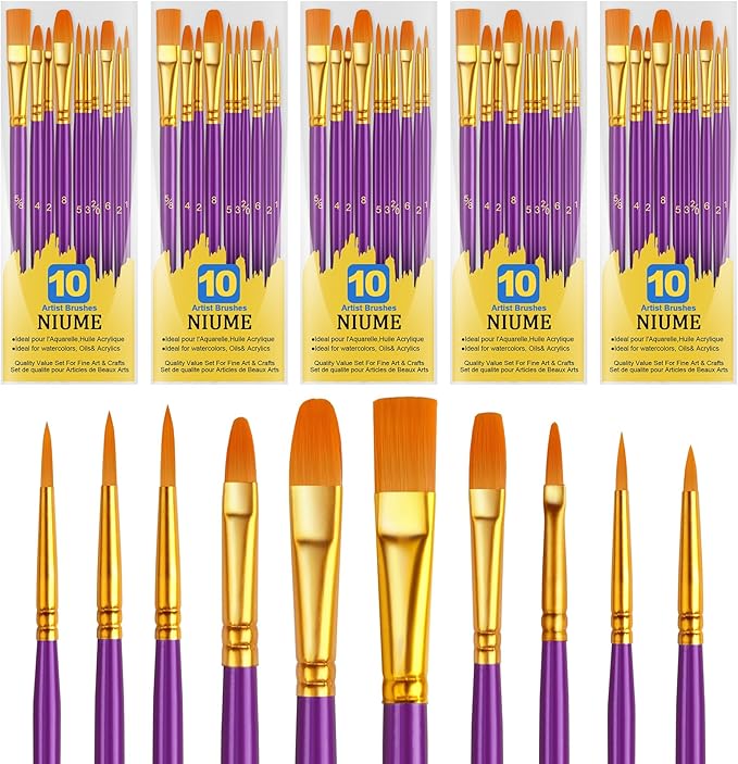 Acrylic Paint Brushes Set, 50Pcs Round Pointed Tip Artist Paintbrushes for Acrylic Painting Oil Watercolor Canvas Boards Rock Body Face Nail Art, Halloween Pumpkin Ceramic Crafts Supplies，Purple