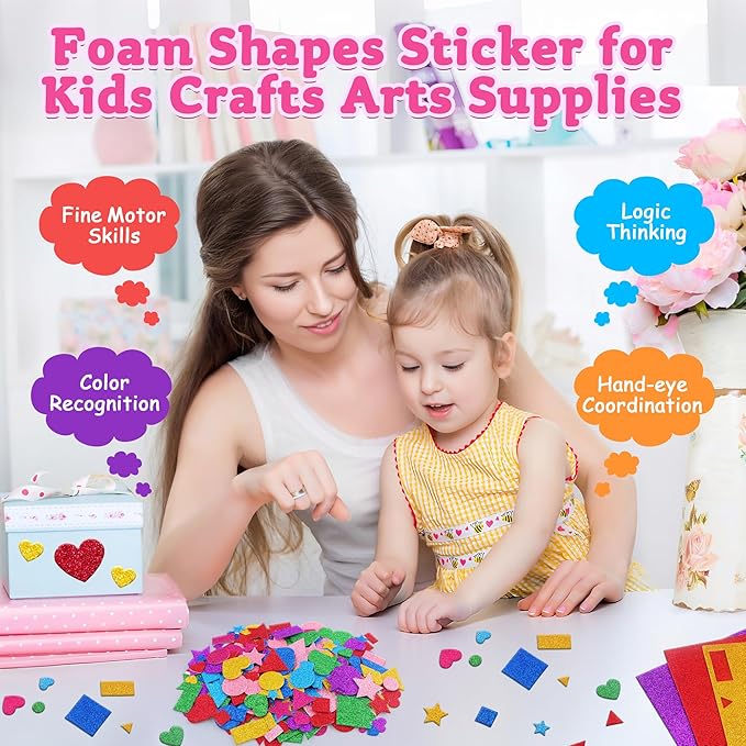 1000 Pcs Foam Stickers Glitter Shape Stickers Colorful Heart Stars Circle Sticker Self Adhesive Geometric Sticker for Kids Crafts Supplies Preschool DIY Art Project Scrapbooking Home Decor(Geometric)