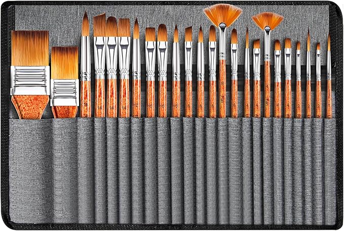 Paint Brush Set of 25pcs, FENORKEY Acrylic Paint Brushes, Professional Artist Paintbrushes, Includes Canvas Roll and Palette Knife, Suitable for Oil, Acrylic, Gouache and Watercolor Painting