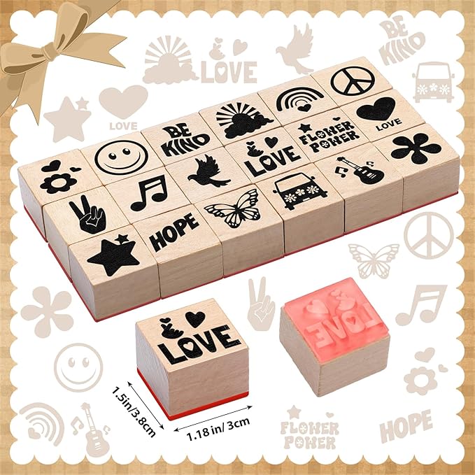 18 Pcs Peace and Love Wood Stamps Set Wooden Rubber Holiday Stamps for Card Making Decoration and Scrapbooking Supplies