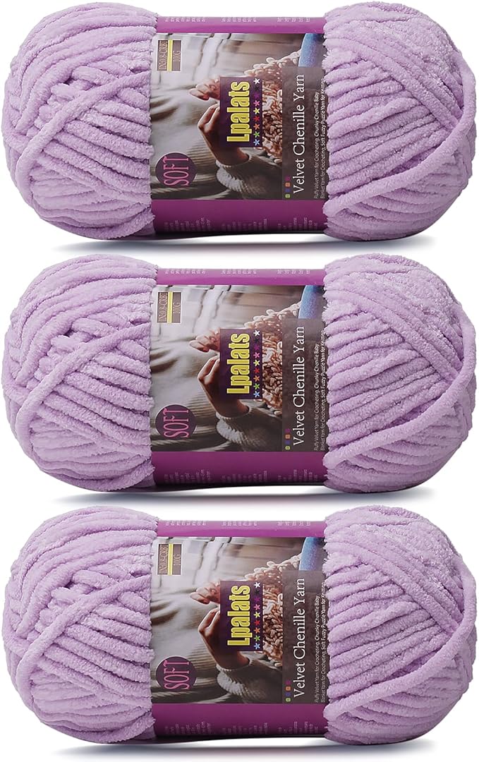 Chunky Chenille Yarn for Crocheting - 3x100g/3.5oz Baby Blanket Yarn for Crocheting Soft - 262 Yards Fluffy Thick Plush Yarns for Knitting Blankets Amigurumi (3, Light Purple)