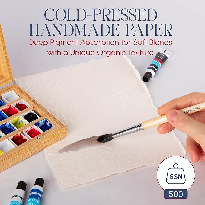 Wanderings Thick Handmade Watercolor Paper with Deckled Edge - 8x8-500GSM Premium Ivory Cold-Pressed Textured Mixed Media Paper Made with Recycled Cotton - 15 Loose Leaf Sheets