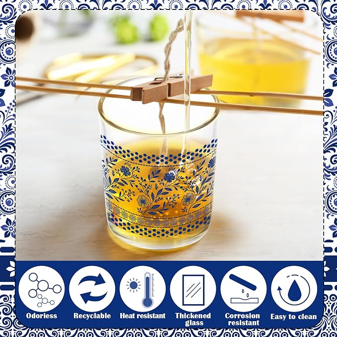 Ziliny 10 Pcs Christmas Blue and White Porcelain Glass Candle Jars Empty Containers Bulk 7 oz Ceramics Glass Jars with Cork Lids Tins for Candle Making Storing Biscuits Tea Party Favors