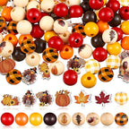 Huwena 200 Pieces Thanksgiving Wooden Beads Buffalo Plaid Wood Fall Beads Turkey Pumpkin Maple Leaf Wooden Bead Natural Round Spacer Bead for DIY Crafts Decor