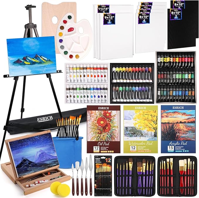 ESRICH 141PCS Deluxe Artist Painting Set, Painting Supplies with 84 Paint(Oil, Watercolor，Acrylic Paint) Metal and Wooden Easels, Canvas, Paper Pads, Paintbrushes etc. for Adults, Kids, Artists