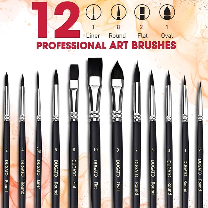 Watercolor Brushes Professional, DUGATO 12pc Artist Paint Brush Set - Synthetic Bristles (Round, Flat, Liner, Oval) for Watercolor Gouache Inks Painting