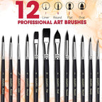 Watercolor Brushes Professional, DUGATO 12pc Artist Paint Brush Set - Synthetic Bristles (Round, Flat, Liner, Oval) for Watercolor Gouache Inks Painting