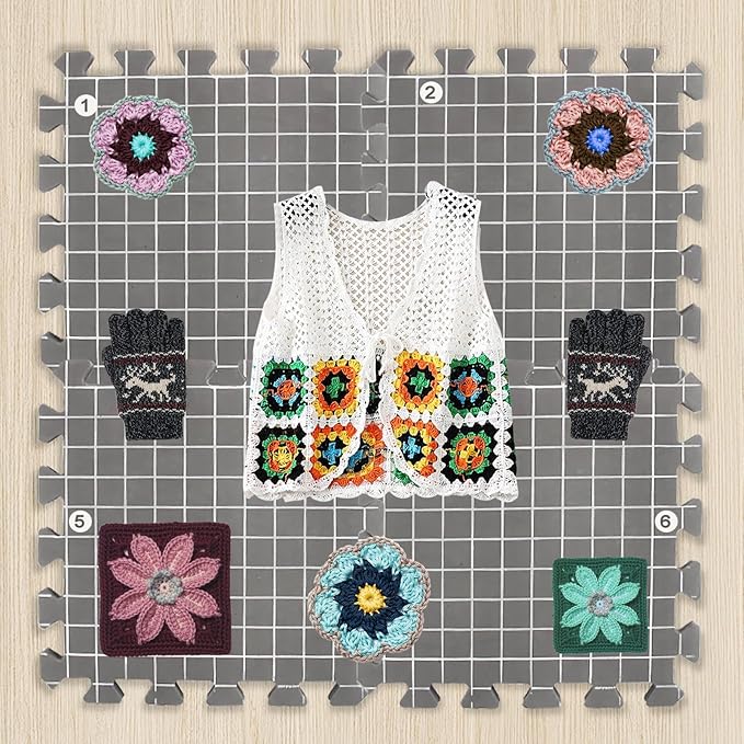 MEVOME Blocking Mats for Knitting 200 T-pins 100 Locking Stitch Markers, Extra Thick Block Boards Crochet Projects Grid Lines Needlepoint Knit Crocheting, 9 Foam Interlocking Mat Storage Bag (Gray)