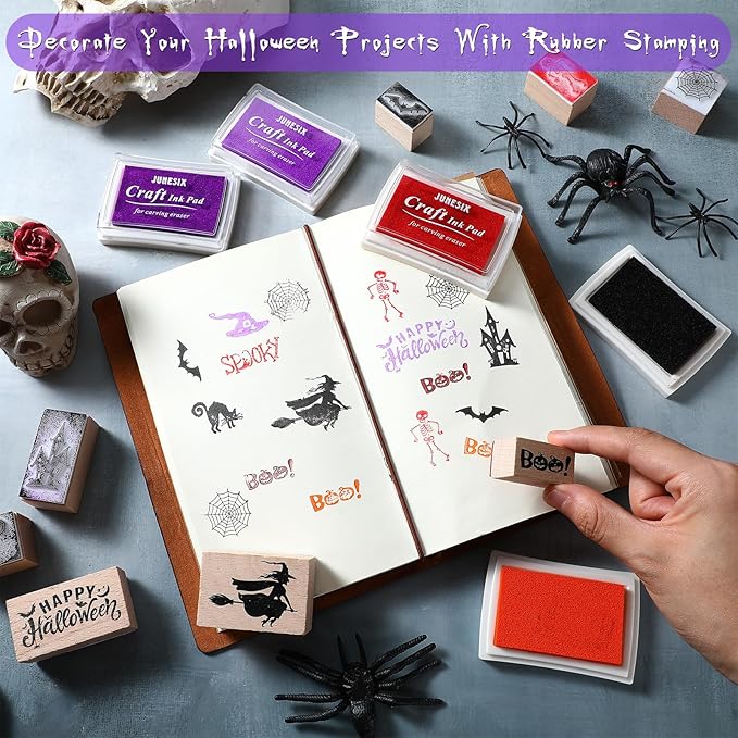 Woanger 15 Pcs Halloween Wooden Rubber Stamps and Craft Ink Pads Craft Card Pads Wooden Rubber Stamp for Scrapbooking DIY Kids Stamps Paper Wood Fabric Halloween Holiday