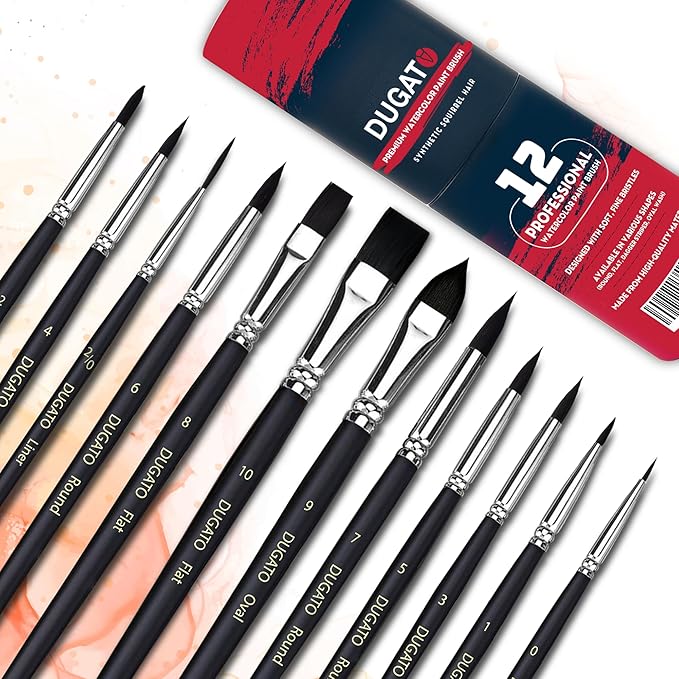 Watercolor Brushes Professional, DUGATO 12pc Artist Paint Brush Set - Synthetic Bristles (Round, Flat, Liner, Oval) for Watercolor Gouache Inks Painting