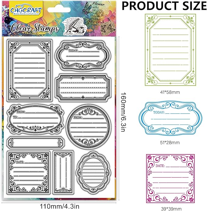 CHGCRAFT Label Frame Clear Stamp Transparent Handicraft Stamps for DIY Scrapbooking Photo Album Decorative Cards Making, Frame, 6.3x4.3inch