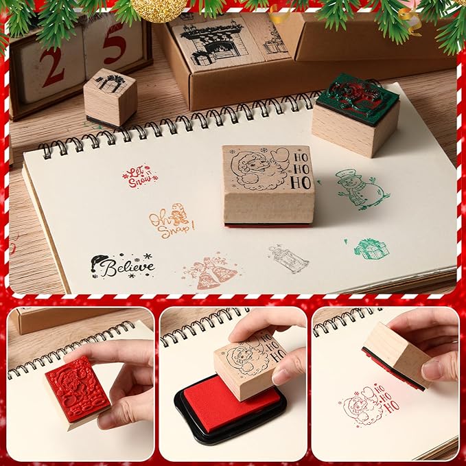 17 Pcs Christmas Wooden Rubber Stamps with Craft Ink Pads Mixed Santa Claus Christmas Tree Snowman Gingerbread Man Rubber Stamps for Card Making Decoration Party Gift Scrap Booking Supplies