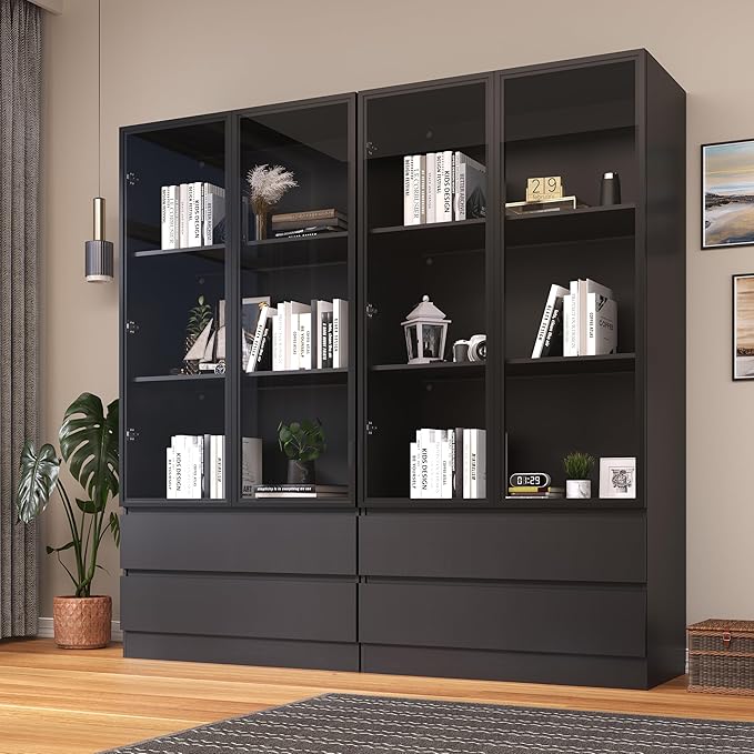 Wooden Display Cabinet with Glass Doors & 2 Drawers,LED Lights Glass Display Case,Showcase for Collections, Curio Cabinets, Bookcase and Glassdoor Display Cabinet(Black- 2 Drawers)