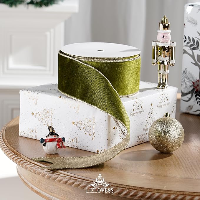 Moss Velvet Wired Ribbon with Glitter Back 2.5 Inch Green and Gold Christmas Ribbon Wired Olive Ribbon for Christmas Tree, Gift Wrapping, Crafts, Wreaths Supplies, Topper Bows (10 Yards)