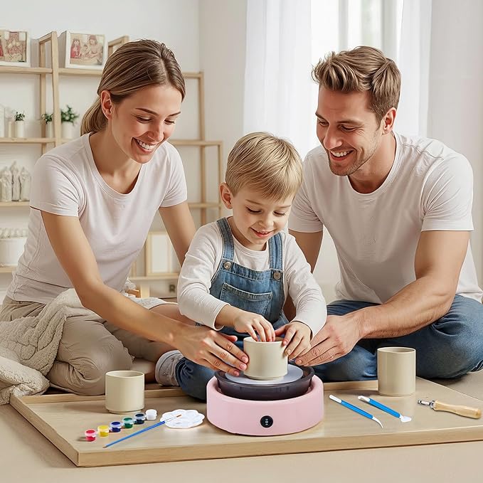 VEVOR Mini Pottery Wheel, 6 inch Turntable, Forward and Reverse Rotation, Adjustable Speed, Electric Clay Wheel for Kids and Beginners, with Shaping Tools, for Home DIY, Pottery Classes, Pink
