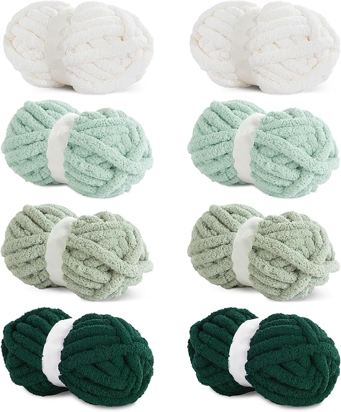 HOMBYS 8 Pack Assorted Chunky Yarn for Crocheting,Super Bulky Large Soft Fluffy Yarn,Plush Fuzzy Yarn,Thick Chenille Yarn for Hand Knitting/Arm Knitting,Green Gradient(27yds,8 oz Each Skein)