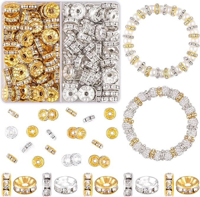 100 pcs 10mm Spacer Beads for Crafting, Silver and Gold Rondelle Beads Bulk, Fancy Sparkle Crystal Rhinestone Spacer Beads for Necklace Bracelet Earring Jewelry Making and Pens DIY