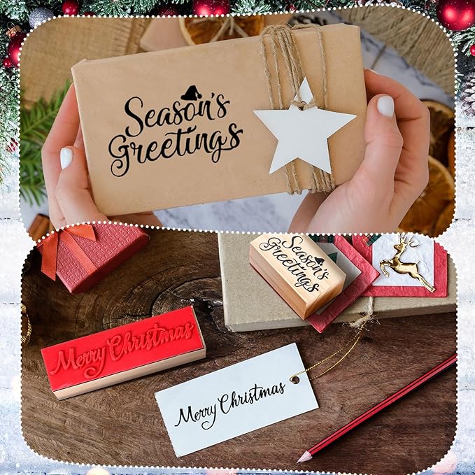 Watersay 6 Pcs Christmas Rubber Stamp Set Merry Christmas Wooden Rubber Stamp Snow Tree Stamps Vintage Wooden Rubber Art Stamps for Crafting and DIY Scrapbooking Card Making Hand Book(Word)