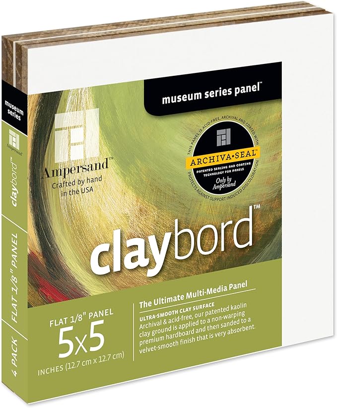 Ampersand Art Supply Wood Painting Panel: Museum Series Claybord, 5" x 5" - Pack of 4, 1/8" Flat Profile