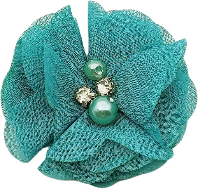 10 PC Blue Rhinestone Pearl Lace Petal Fabric Flowers Sewing Applique, 2.3 Inch