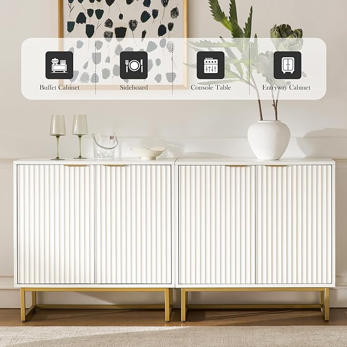 Fluted Storage Cabinet Set of 2,Sideboard Buffet Cabinet with Adjustable Shelves,Multifunctional Console Table with Storage Credenza Accent Cabinet for Living Room, Dining Room, White