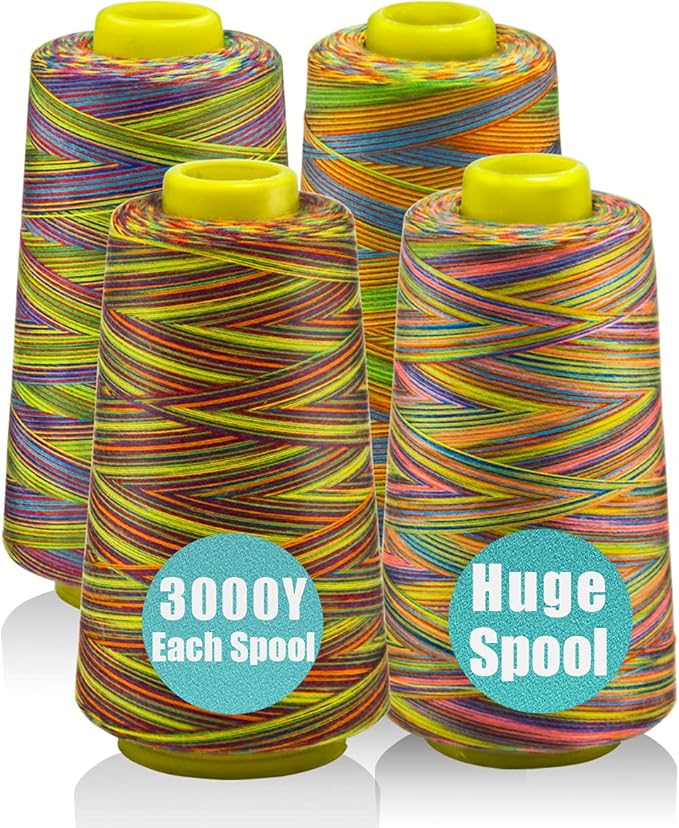 Rainbow Variegated Serger Thread, All-Purpose Thread for Sewing, Polyester, 4 Cones of 3000 Yards Each Spool for Sewing Machine