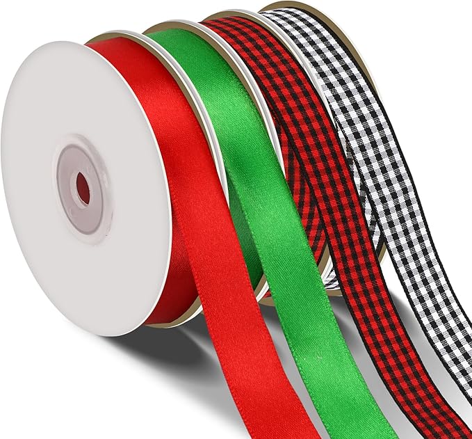 DECYOOL Christmas Ribbons, 4 Rolls 100 Yards Christmas Satin Ribbons 15mm Wide Holiday Craft Ribbons for Gift Wrapping and Xmas Decoration, Red & Green & Red Black Plaid & Black White Plaid